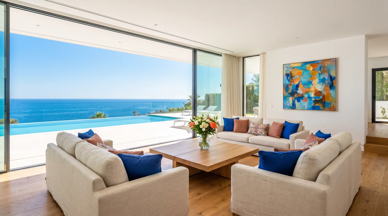 Bright living room of a modern Costa del Sol home with open sea view