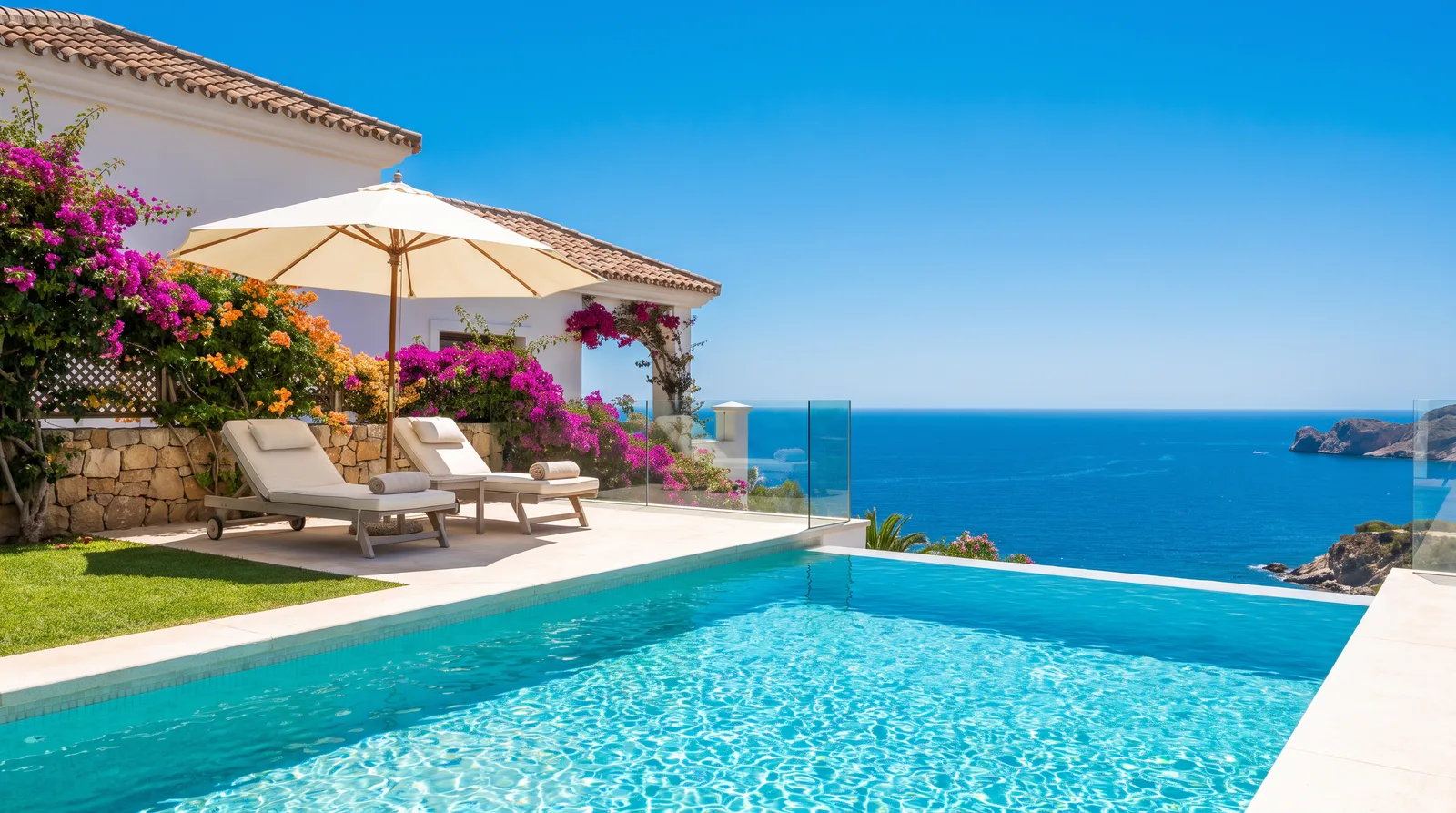 Sunny pool terrace with sea view on the Costa del Sol