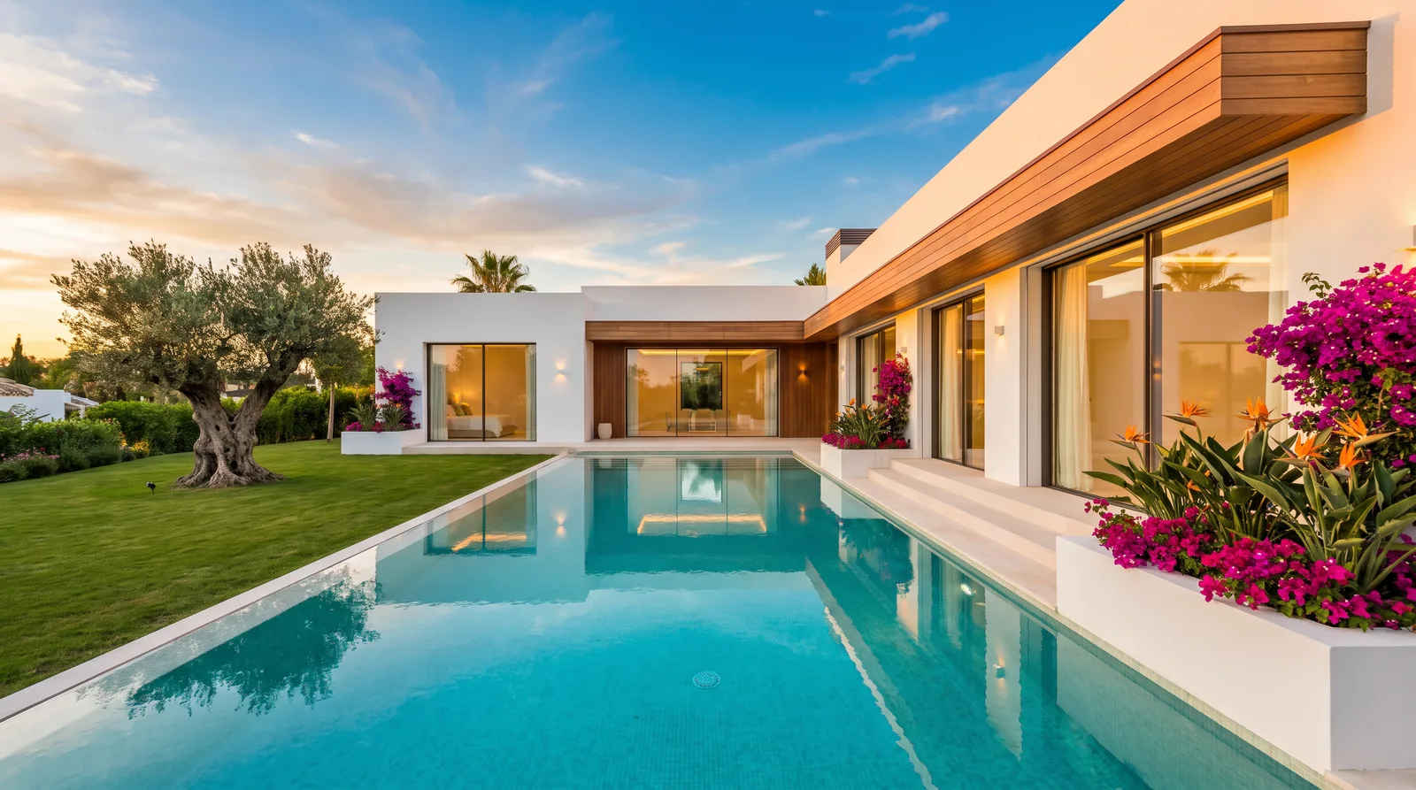Modern home with pool and garden at sunset on the Costa del Sol